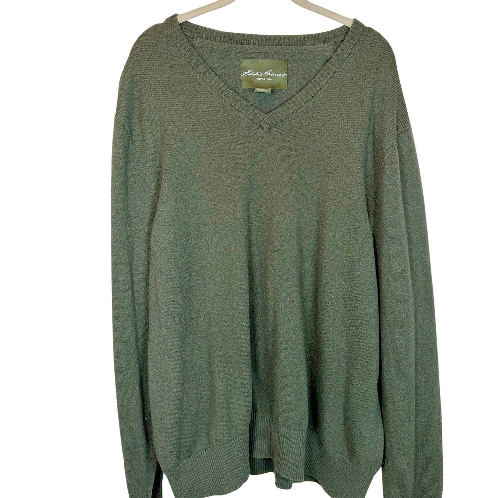 Eddie Bauer Mens Olive‎ Green Cotton Cashmere V-Neck Sweater XL Long Sleeve Knit